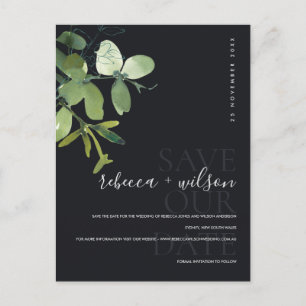 GRÜN SCHWARZE EUCALYPTUS-WATERCOLOR SAVE THE DATE ANKÜNDIGUNGSPOSTKARTE