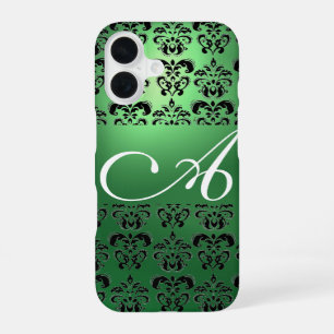 GRÜN SCHWARZER DAMAST MONOGRAMM Floral iPhone 16 Hülle
