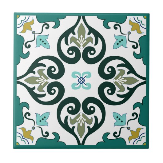 Grün, Senf und Weiß Azulejo Fliese (Vorderseite)