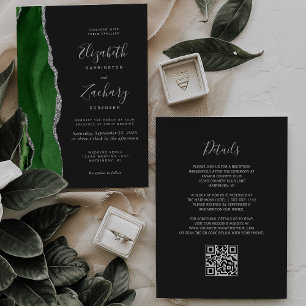 Grün Silber Achat Dunkler QR-Code Hochzeit Einladung