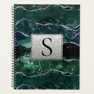 Grün Silber Glitter Marmor Geode Achat Monogramm Planer