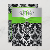 Grün, Silber, schwarzer Damast Sweet 16 RSVP Card (Vorne/Hinten)
