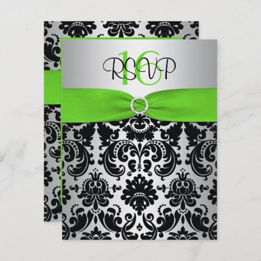Grün, Silber, schwarzer Damast Sweet 16 RSVP Card (Vorne/Hinten)