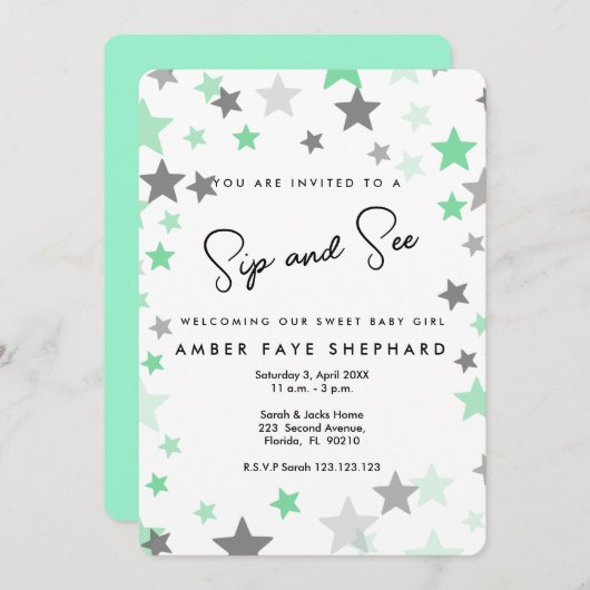 Grün Sip and See laden ein, neues Baby, Begrüßung  Einladung (Vorne/Hinten)