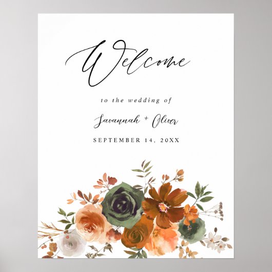 Grün & Terra Cotta Floral Willkommen Poster (Vorne)