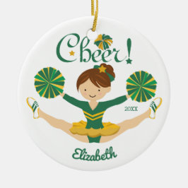 Grün u. Goldpersonalisierte brünette Cheerleader Keramikornament