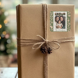 Grün und Beige Folk Art Weihnachts-Foto Quadratischer Aufkleber