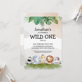 Grün und beige Safari Wild One Geburtstag Einladung