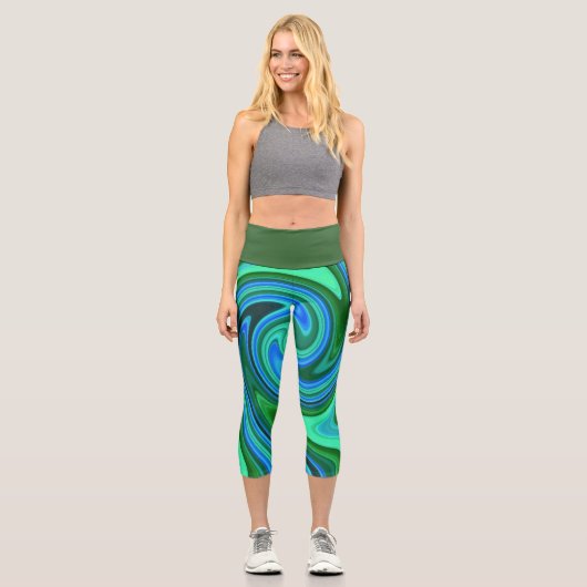 Grün und Blau Swirl - Coole Abstrakte Psychedelik Capri Leggings (Vorderseite)