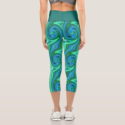 Grün und Blau Swirl - Coole Abstrakte Psychedelik Capri Leggings (Rückseite)