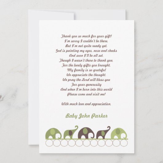 Grün und Brown-Elefant danken Ihnen, mit Gedicht Dankeskarte (Vorderseite)