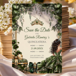 Grün und Creme Goldene Tiara Florale Quinceañera Save The Date