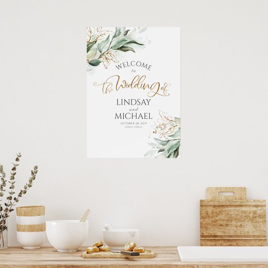 Grün und Gold Blätter Dreamy Wedding Willkommen Poster (Küche)