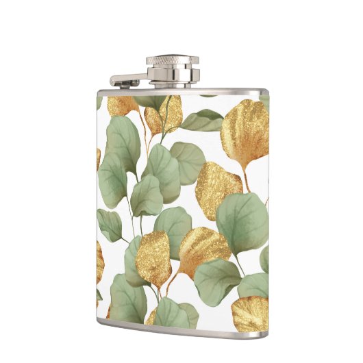 Grün und Gold Blätter. Muster Flachmann (Links)