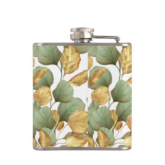 Grün und Gold Blätter. Muster Flachmann (Rückseite)