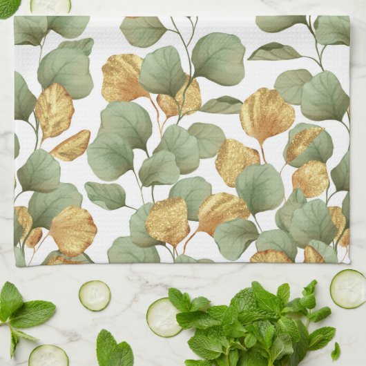 Grün und Gold Blätter. Muster Geschirrtuch (Gefaltet)