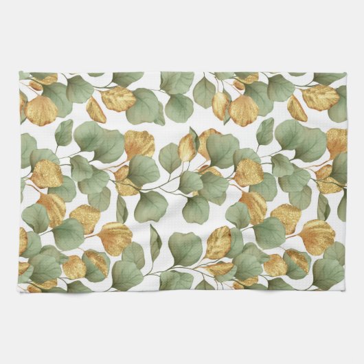 Grün und Gold Blätter. Muster Geschirrtuch (Horizontal)