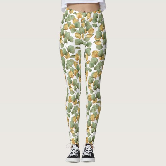 Grün und Gold Blätter. Muster Leggings (Vorderseite)