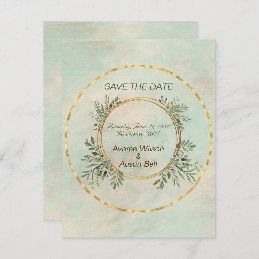 Grün und Gold Circle Frame Wedding Save the Date (Vorne/Hinten)