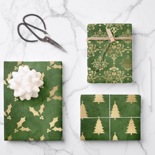 Grün und Gold Foil Winter Weihnachtsmuster Geschenkpapier Set (Vorderseite)