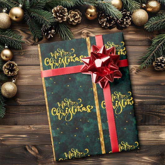 Grün und Gold Frohe Weihnachten Elegantes Skript Geschenkpapier