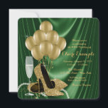 Grün- und Gold-Geburtstagsparty der Frauen Einladung<br><div class="desc">Das smaragdgrüne und goldene Geburtstagsfest der Frau mit schönen goldenen Glitzer-High-Heel-Schuhen, Goldballons, Champagner und Perlen auf einem smaragdgrünen Satin-Hintergrund. Diese elegante Grün- und Goldparty-Einladung lässt sich einfach an Ihre Veranstaltung anpassen, indem Sie einfach Ihre Details in den Schriftart-Stil und Farbe, Wortlaut und Layout Ihrer Wahl einfügen. Sie können auch Champagner...</div>