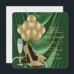 Grün- und Gold-Geburtstagsparty der Frauen Einladung<br><div class="desc">Das smaragdgrüne und goldene Geburtstagsfest der Frau mit schönen goldenen Glitzer-High-Heel-Schuhen, Goldballons, Champagner und Perlen auf einem smaragdgrünen Satin-Hintergrund. Diese elegante Grün- und Goldparty-Einladung lässt sich einfach an Ihre Veranstaltung anpassen, indem Sie einfach Ihre Details in den Schriftart-Stil und Farbe, Wortlaut und Layout Ihrer Wahl einfügen. Sie können auch Champagner...</div>