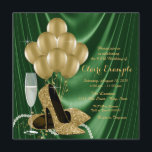 Grün- und Gold-Geburtstagsparty der Frauen Einladung<br><div class="desc">Das smaragdgrüne und goldene Geburtstagsfest der Frau mit schönen goldenen Glitzer-High-Heel-Schuhen, Goldballons, Champagner und Perlen auf einem smaragdgrünen Satin-Hintergrund. Diese elegante Grün- und Goldparty-Einladung lässt sich einfach an Ihre Veranstaltung anpassen, indem Sie einfach Ihre Details in den Schriftart-Stil und Farbe, Wortlaut und Layout Ihrer Wahl einfügen. Sie können auch Champagner...</div>