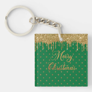Grün und Gold Glitzer - frohe Weihnachten Schlüsselanhänger
