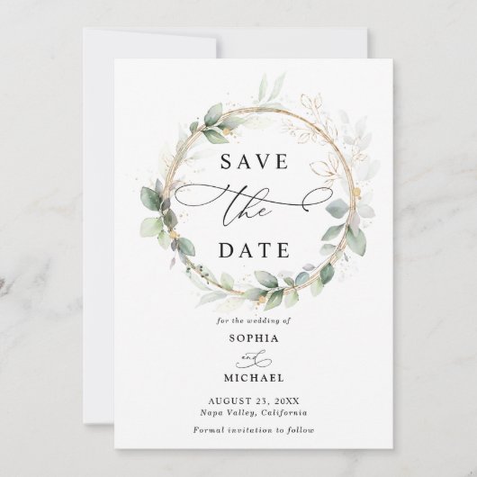Grün und Gold Hochzeit Save the Date Einladung (Vorderseite)
