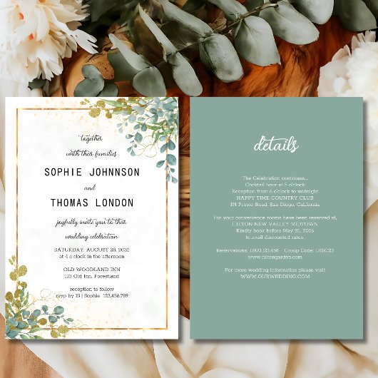 Grün und Gold in einer Eukalyptusfarbe Einladung