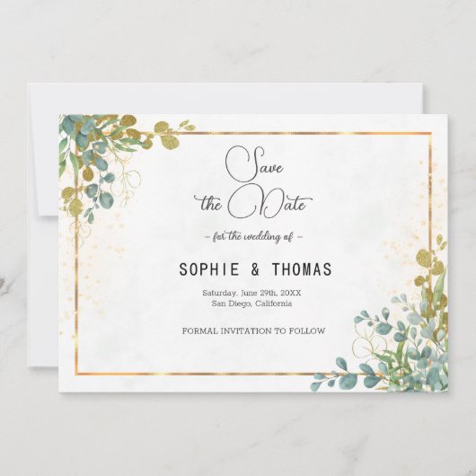 Grün und Gold in einer Eukalyptusfarbe Save The Date (Vorderseite)