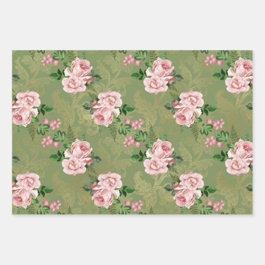 Grün und Gold mit rosa Rosen Geschenkpapier Set (Vorderseite 2)