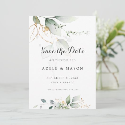 Grün und Gold Save the Date Hochzeit botanisch (Stehend Vorderseite)