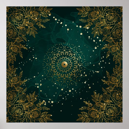Grün und Gold Verziert geblüht Blumen Poster (Vorne)
