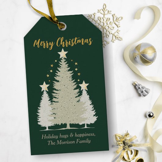 Grün und Gold Weihnachtsbaum und Sterne Geschenkanhänger