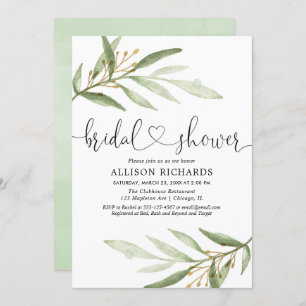 Grün- und GoldBlätter Watercolor-Brautparty Einladung