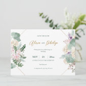 Grün- und Goldene Blütenhochzeit Einladung (Stehend Vorderseite)