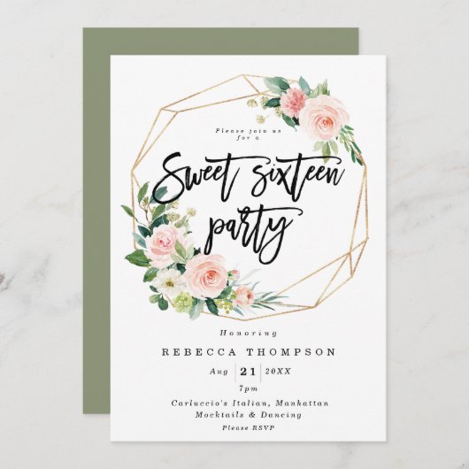 Grün und Grün Boho Moderne süß 16 Einladung (Vorne/Hinten)