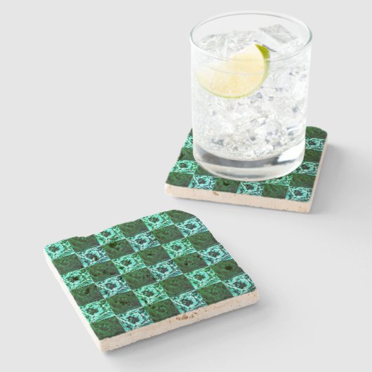 Grün und Himmelblau Schach oder Zyan mit Rechteck Steinuntersetzer (Seitenansicht)