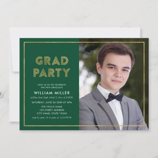 Grün und Imitate Gold Geometric Foto Grad Party Einladung (Vorderseite)