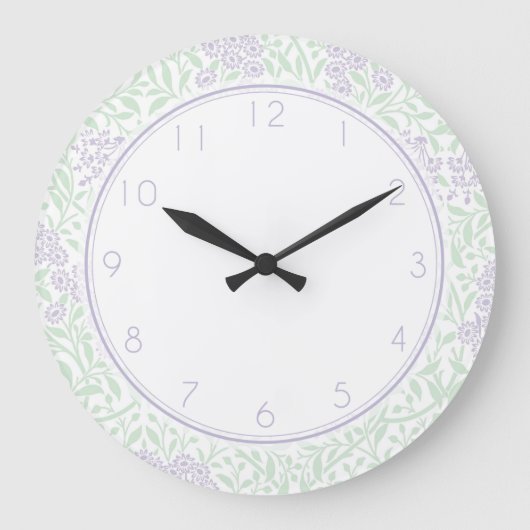 Grün und lila Blumendamast-Muster Große Wanduhr (Vorderseite)