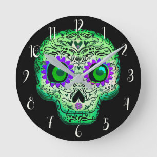Grün und Lila glühend Zuckerkulösser Halloween Runde Wanduhr
