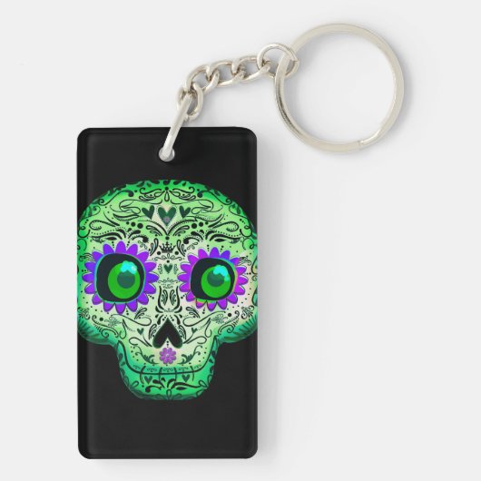 Grün und Lila glühend Zuckerkulösser Halloween Schlüsselanhänger (Rückseite)