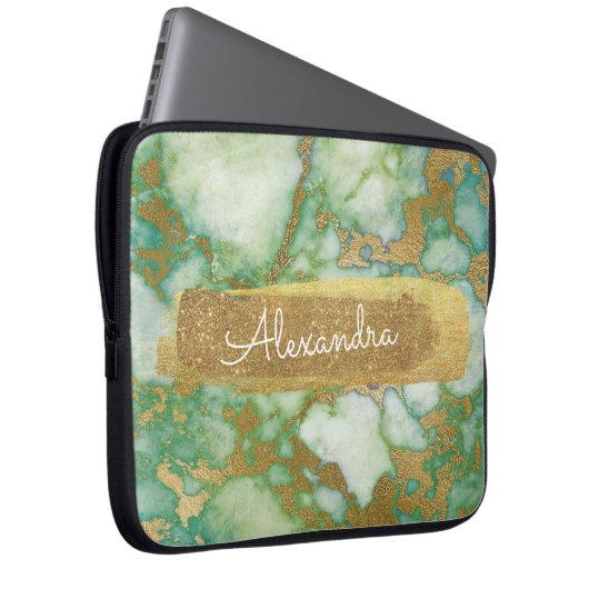 Grün und Marmor mit Goldfolie und Glitzer Laptopschutzhülle (Vorne Rechts)