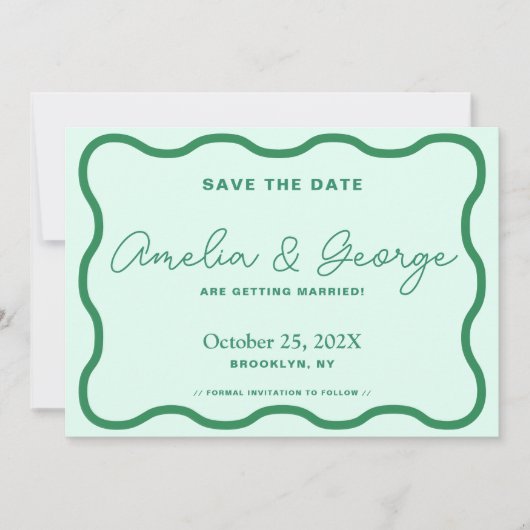 Grün und Mint gewellte Retro-Optik Save The Date (Vorderseite)