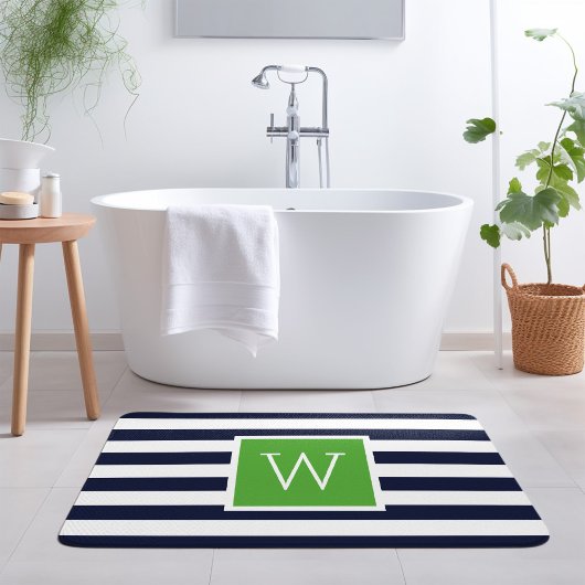 Grün und Navy gestreifte Monogramm Badematte