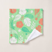 Grün- und Orangefarbenes tropisches Blattmuster Badhandtuch Set (Waschlappen)