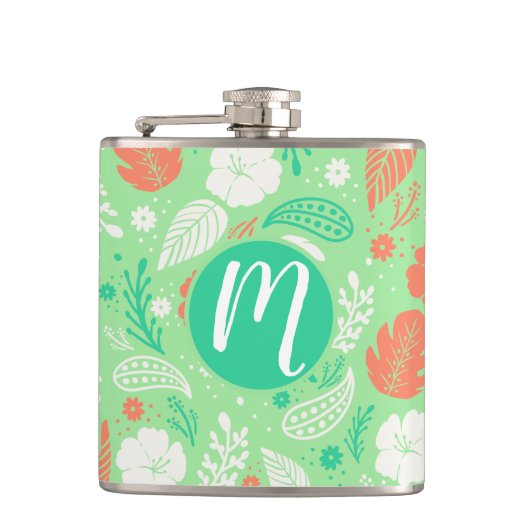 Grün- und Orangefarbenes tropisches Blattmuster Flachmann (Vorderseite)