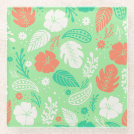 Grün- und Orangefarbenes tropisches Blattmuster Glasuntersetzer